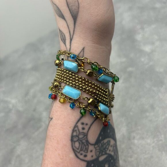 Vintage Brass Gold Tone Blue Beaded Rhinestones Chain Bracelet - Picture 5 of 14